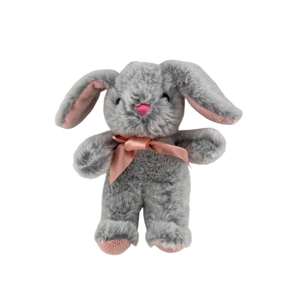 Walmart Small Plush Grey Bunny Pink Bow Sparkly Ears Surface Washable Easter
